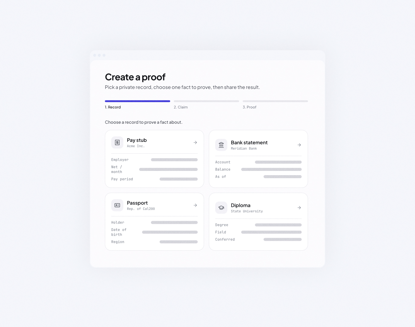 Create a proof: pick a private record, prove one fact